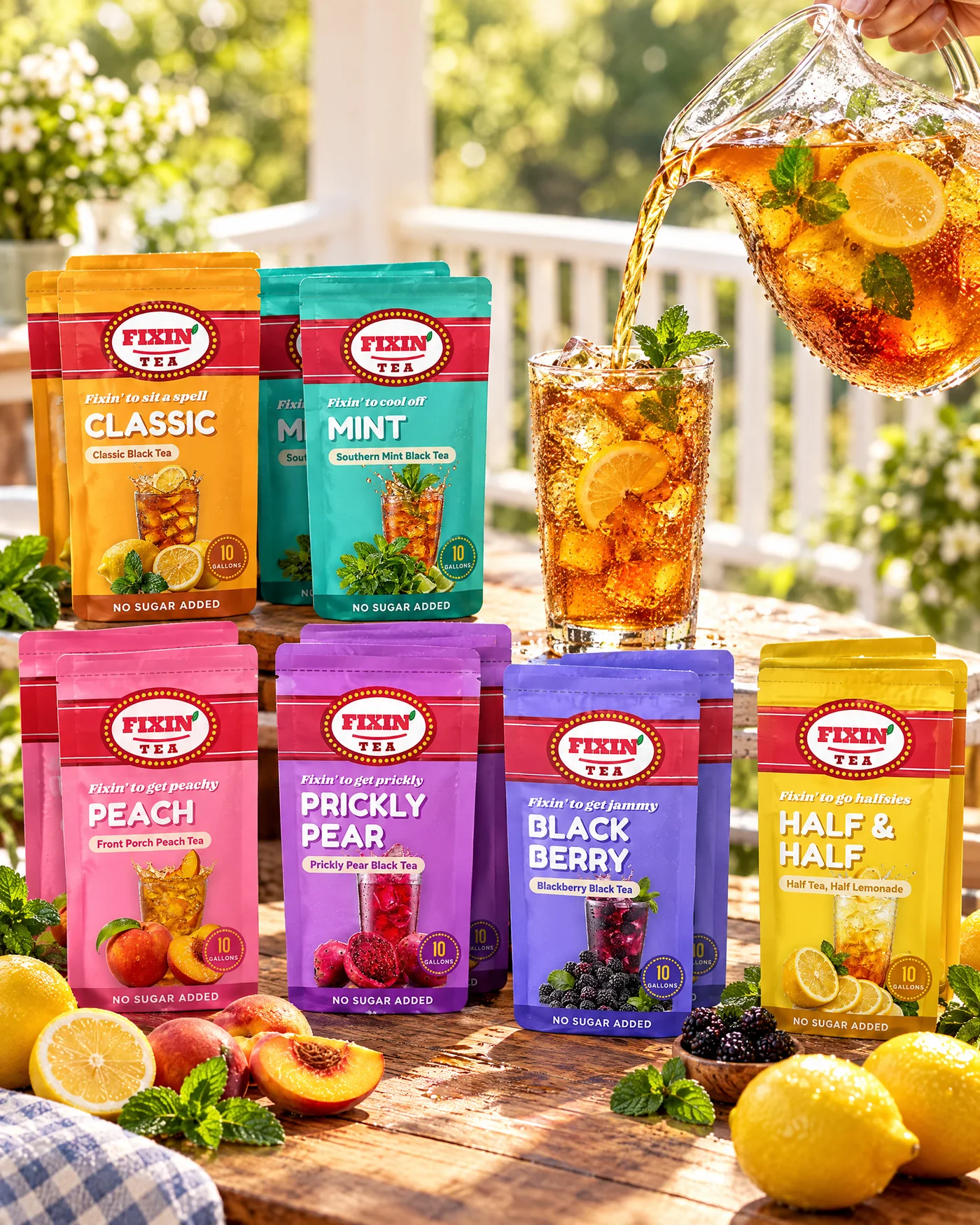 Fixin' Tea pouches in all six flavors on a porch table while tea pours from a pitcher into a glass