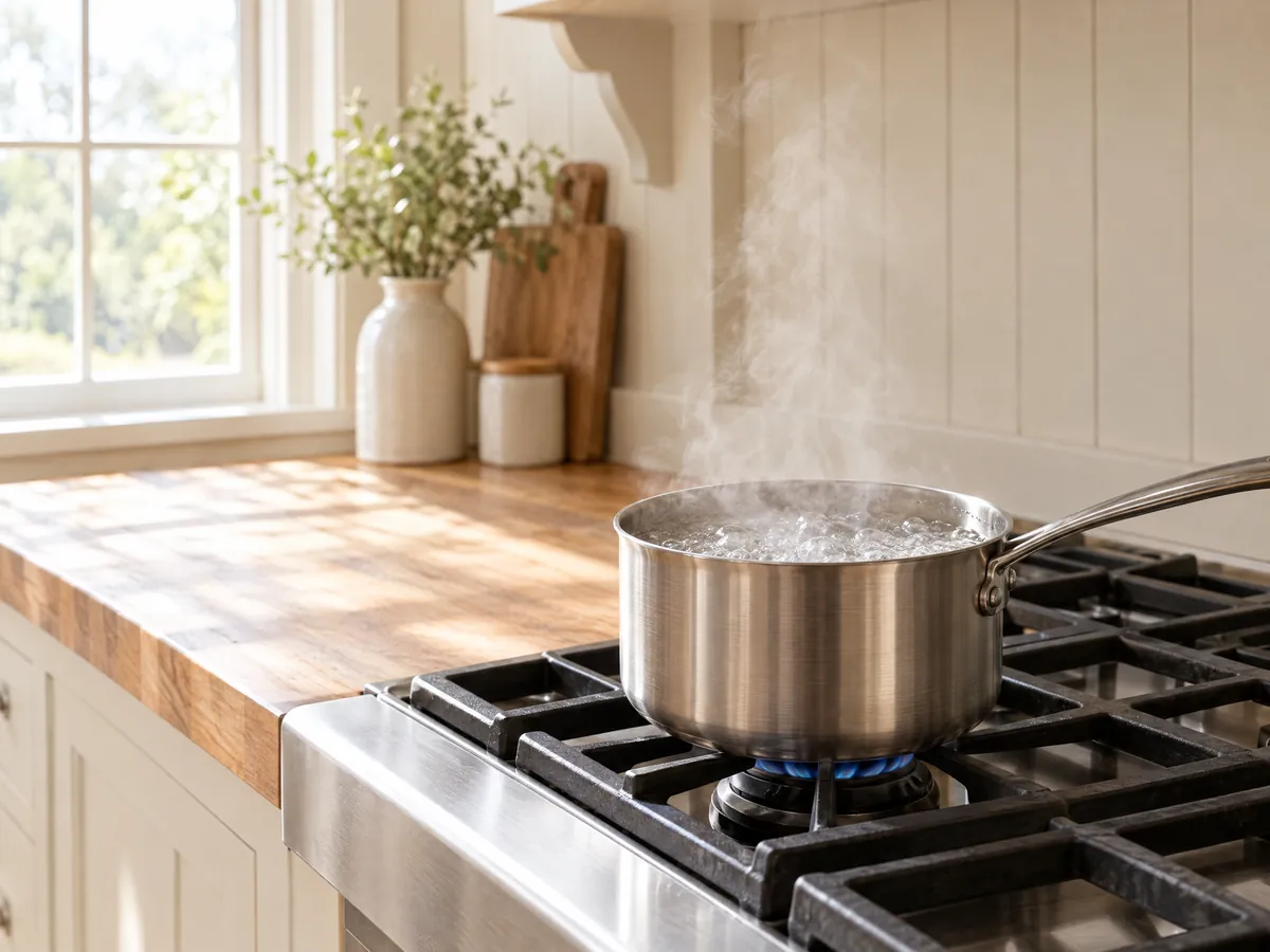 A saucepan of water at a rolling boil on the stove