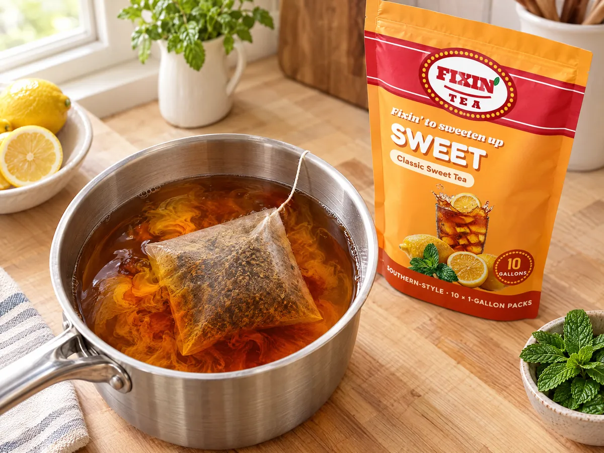 A Fixin' Tea gallon pack steeping in hot water next to a Fixin' Tea pouch