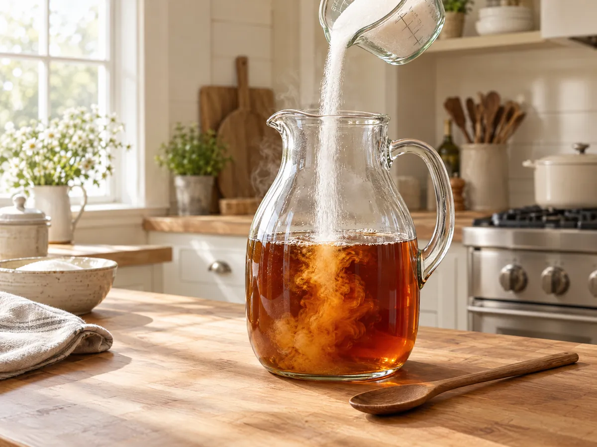 Sugar pouring into a pitcher of hot brewed tea