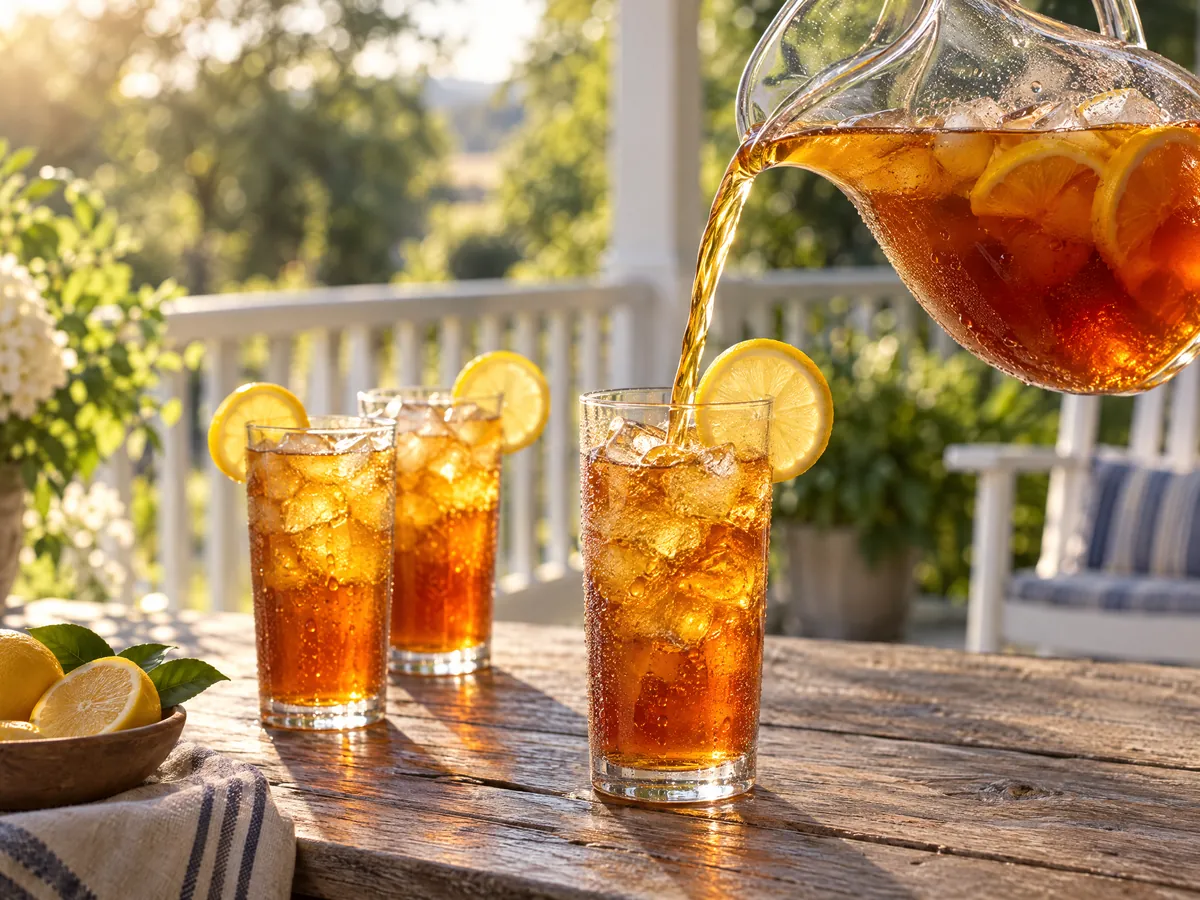 Iced tea poured from a gallon pitcher into a glass on the porch